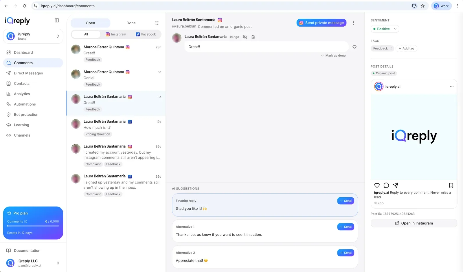 The iQreply inbox: a comment, its tags, and three replies ready to send